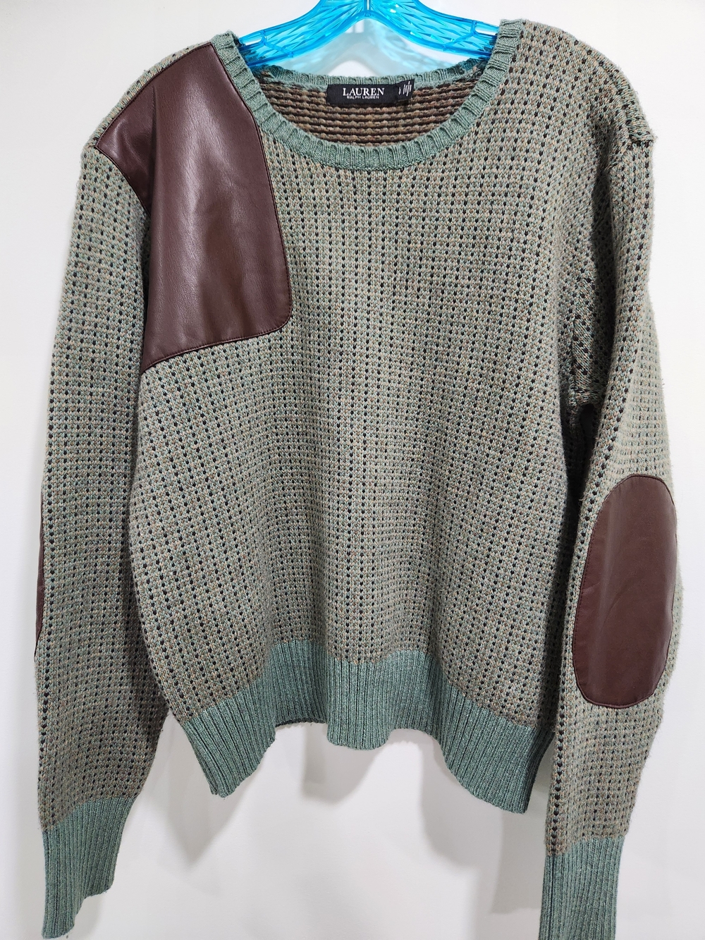 Lauren Ralph Lauren Men's Olive Green Knit Sweater with Brown Elbow Patches